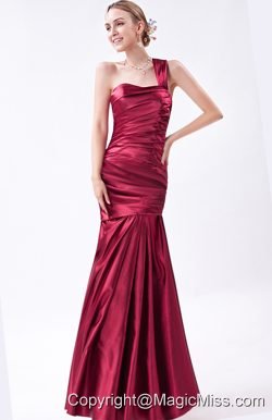 Wine Red Mermaid One Shoulder Floor-length Taffeta Ruch Prom Dress