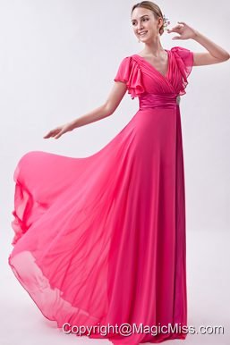 Hot Pink Empire V-neck Brush Train Chiffon Ruch Prom Dress