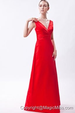 Red Column V-neck Floor-length Taffeta Ruch Prom Dress
