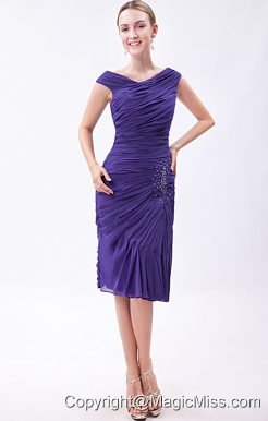 Purple Column V-neck Knee-length Chiffon Beading Prom Dress