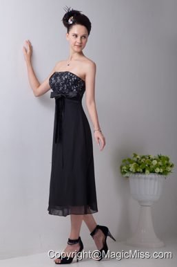 Black Empire Strapless Tea-length Chiffon Sashes Prom / Homecoming Dress