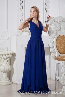 Blue Empire V-neck Brush Train Chiffon Prom / Evening Dress