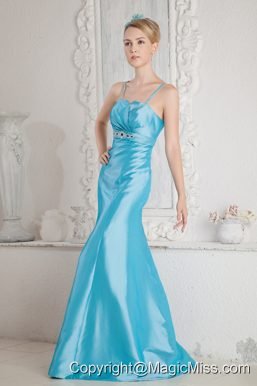 Aqua Blue Mermaid Straps Brush Train Satin Beading Prom Dress