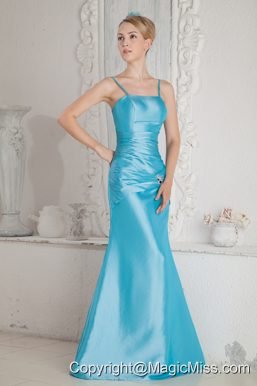 Aqua Blue Column Straps Floor-length Satin Beading and Ruch Bridesmaid Dress