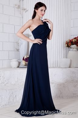 Navy Blue Empire One Shoulder Brush Train Chiffon Ruch Prom / Evening Dress