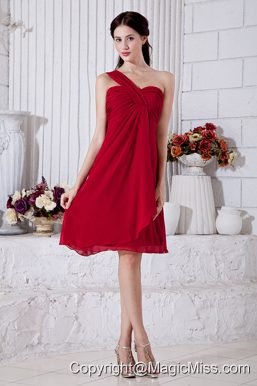 Wine Red Empire One Shoulder Mini-length Chiffon Ruch Prom / Homecoming Dress