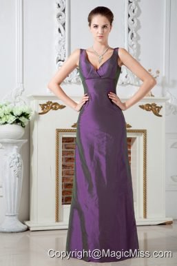 Purple Column V-neck Floor-length Taffeta Ruch Prom Dress