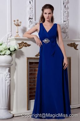 Royal Blue Empire V-neck Floor-length Chiffon Beading Prom Dress