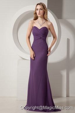 Dark Purple Column Sweetheart Brush Train Chiffon Ruch Prom Dress