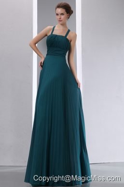 Peacock Green A-line Straps Floor-length Chiffon Pleat Prom / Evening Dress