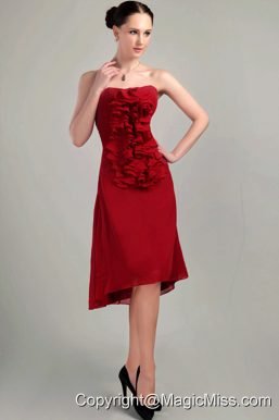 Wine Red Column / Sheath Strapless Asymmetrical Chiffon Bridesmaid Dress