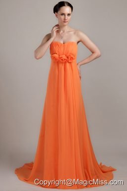 Orange Empire Sweetheart Brush Train Chiffon Hand Made Flowers Prom Dress