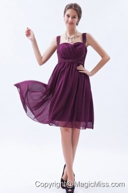 Dark Purple Empire Straps Knee-length Chiffon Beading Prom Dress