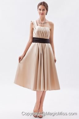 Champagne A-line / Princess One Shoulder Tea-length Satin Ruch Prom Dress