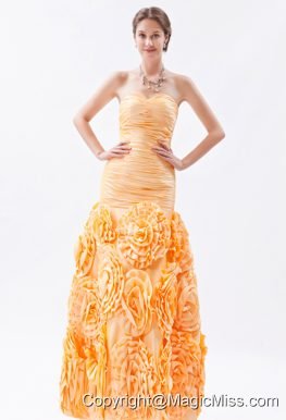 Orange Mermaid Sweetheart Ruch Prom Dress Floor-length Fabric With Rolling Flower