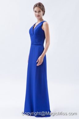 Royal Blue Column / Sheath V-neck Floor-length Chiffon Ruch Prom Dress