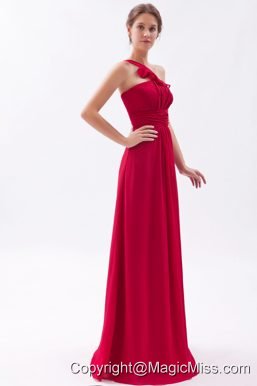 Coral Red Empire One Shoulder Floor-length Chiffon Ruch Prom Dress
