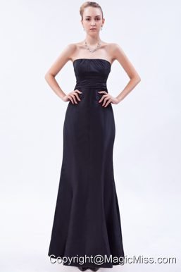 Black Coulmn Strapless Floor-length Satin Ruch Prom Dress