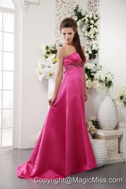 White A-Line / Princess Strapless Brush Train Satin Beading Hot Pink Prom / Evening Dress