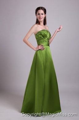 Olive Green A-Line / Princess Strapless Floor-length Satin Beading Prom Dress