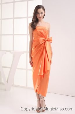 Column Orange Strapless Bow Satin Ruching Bridesmaid Dress