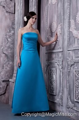 Sky Blue A-line Strapless Floor-legnth Satin Bridesmaid Dress