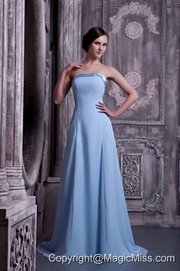 Light Blue A-line Strapless Brush Train Satin and Chiffon Prom Dress