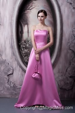Rose Pink A-line / Princess Strapless Brush Train Satin Bow Bridesmaid Dress