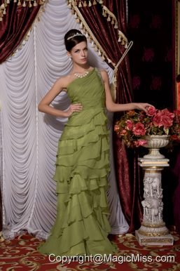 Olive Green Empire One Shoulder Brush Train Chiffon Beading Prom / Evening Dress