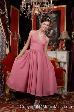 Light Pink A-line / Pricess Halter Tea-length Chiffon Beading Prom / Homecoming Dress