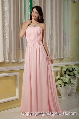 Baby Pink Empire Strapless Brush Train Chiffon Ruch Prom Dress
