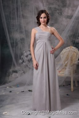 Grey Column One Shoulder Floor-length Chiffon Ruch Bridesmaid Dress