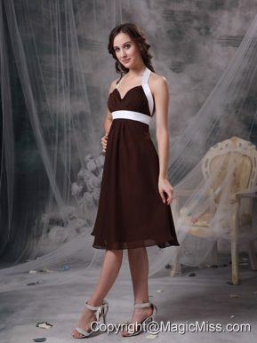 Brown Column Halter Knee-length Chiffon Ruch Bridesmaid Dress