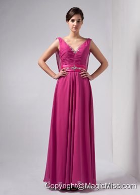 Hot Pink Column V-neck Ankle-length Chiffon Beading Mother Of The Bride Dress