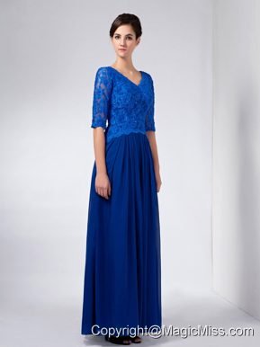 Blue Column V-neck Ankle-length Chiffon and Lace Beading Mother Of The Bride Dress