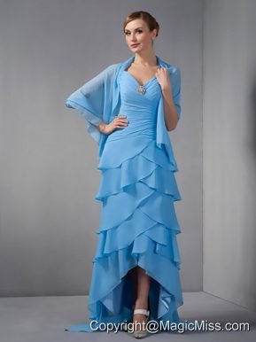 Teal Column Straps Brush Train Chiffon Beading and Ruch Mother Of The Bride Dress