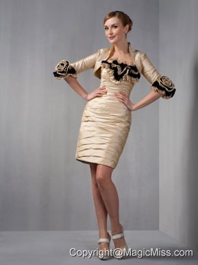 Champagne Column Strapless Mini-length Taffeta Ruch and Hand Made Flowers Mother Of The Bride Dress