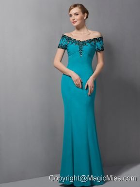 Teal Mermaid Off The Shoulder Floor-length Chiffon Appliques Mother Of The Bride Dress