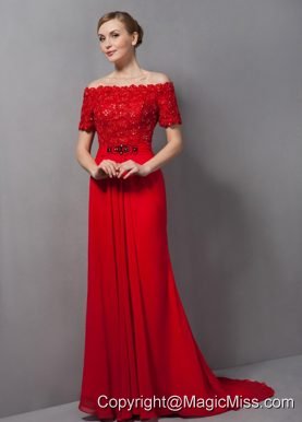Custom Made Red Column Mother Of The Bride Dress Off The Shoulder Appliques Brush Train Chiffon