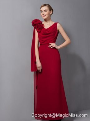 Wine Red Column V-neck Floor-length Chiffon Hand Made Flower Prom Dress