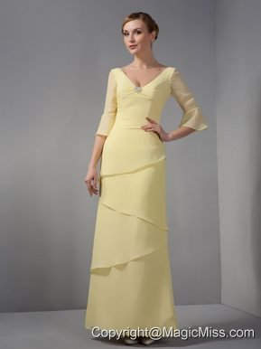 Yellow Column V-neck Ankle-length Chiffon Ruch Mother Of The Bride Dress