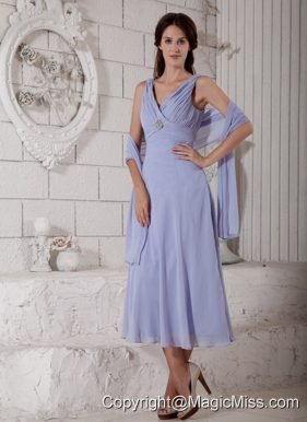 Lilac Empire V-neck Tea-length Chiffon Ruch and Beading Homecoming Dress