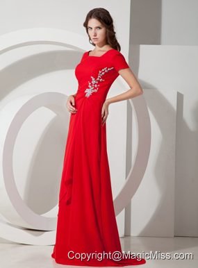 Red Empire Square Brush Chiffon Appliques Mother Of The Bride Dress