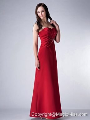 Red Column Strapless Floor-length Satin Beading Bridesmaid Dress