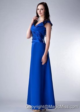 Royal Blue Column V-neck Ankle-length Satin Ruch Bridesmaid Dress