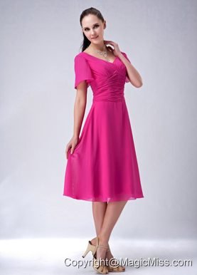 Hot Pink A-line / Princess V-neck Tea-length Chiffon Bridesmaid Dress