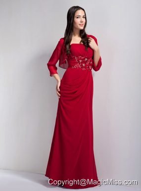 Red Column Strapless Floor-length Chiffon Beading Bridesmaid Dress