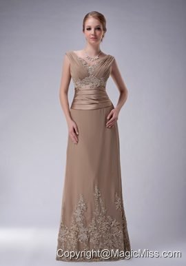 Champagne Column V-neck Floor-length Chiffon Appliques Mother Of The Bride Dress