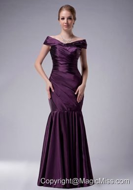 Purple Mermaid Off The Shoulder Floor-length Taffeta Ruch Mother Of The Bride Dress