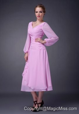 Pink Empire V-neck Tea-length Chiffon Ruch Mother Of The Bride Dress